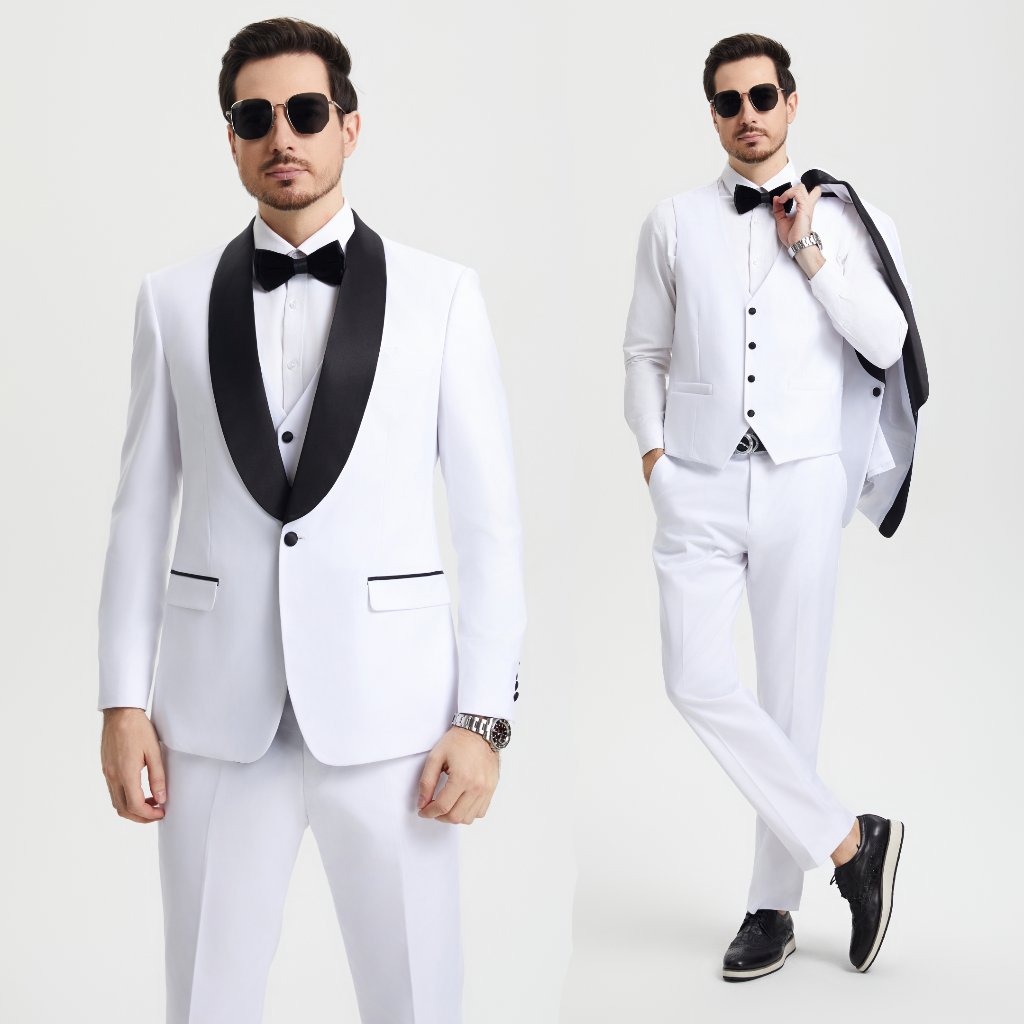 Stacy Adams 3pc Mens Tuxedo Hybrid Fit Shawl Lapel White